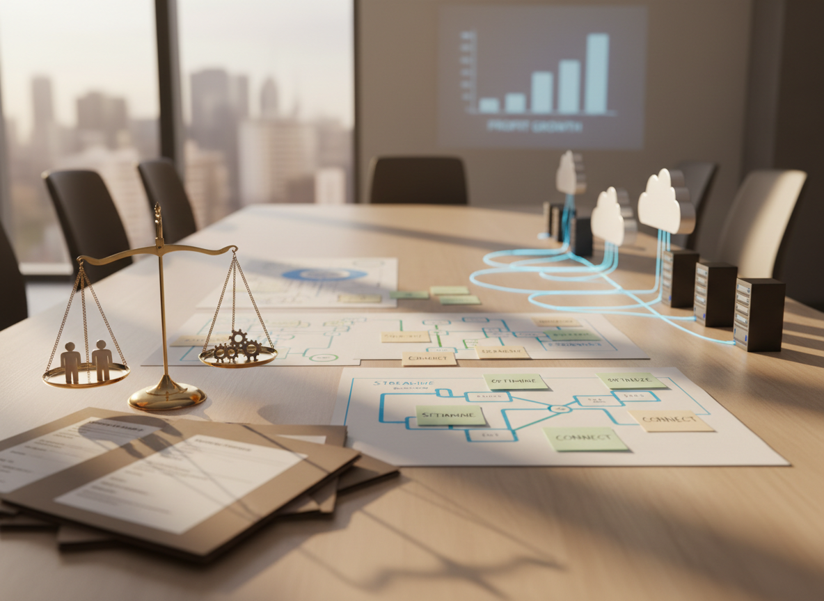 A conference table viewed from one end, completely free of people, with three distinct zones representing a tailored HR consulting engagement. Closest to the viewer is a cluster of anonymized employee profile folders and balanced scales icon objects, in the middle are flow-mapped process charts with sticky-note style markers, and at the far end are miniature server and cloud-shaped models connected with fine cables symbolizing systems. Afternoon light streams through side windows, casting long, soft shadows that draw the eye along the table. Photographic realism, shallow depth of field subtly blurring the far background. The mood is collaborative and solution-oriented, visually narrating the journey from diagnosing people issues through process redesign to systems optimization that boosts profitability.